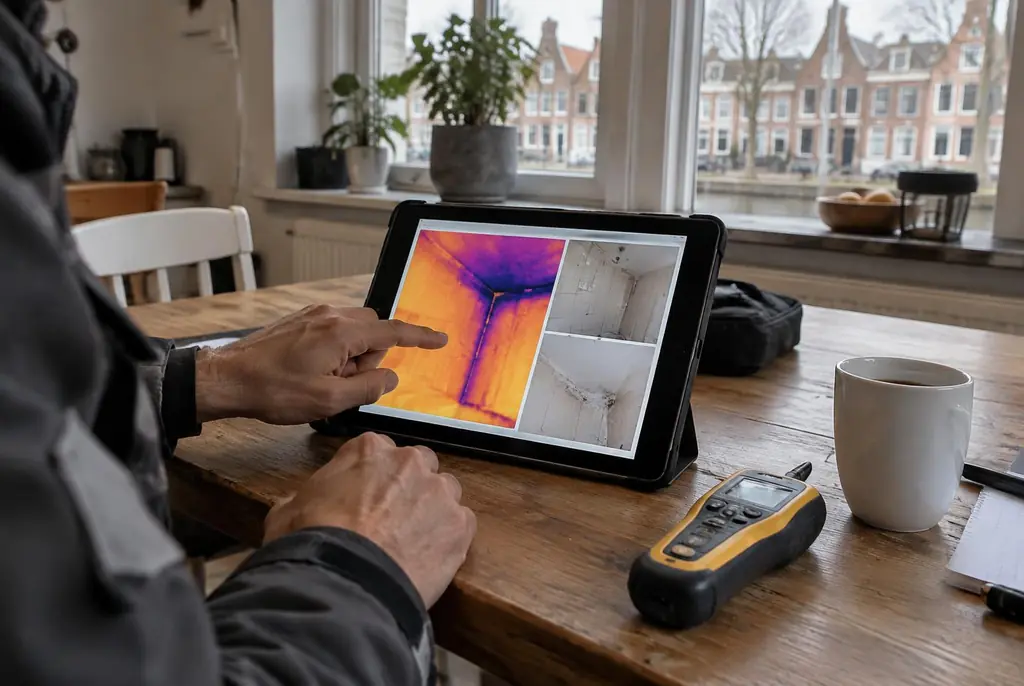 Lekdetectie Papendrecht – lekdetectierapport met warmtebeelden en foto's op een tablet