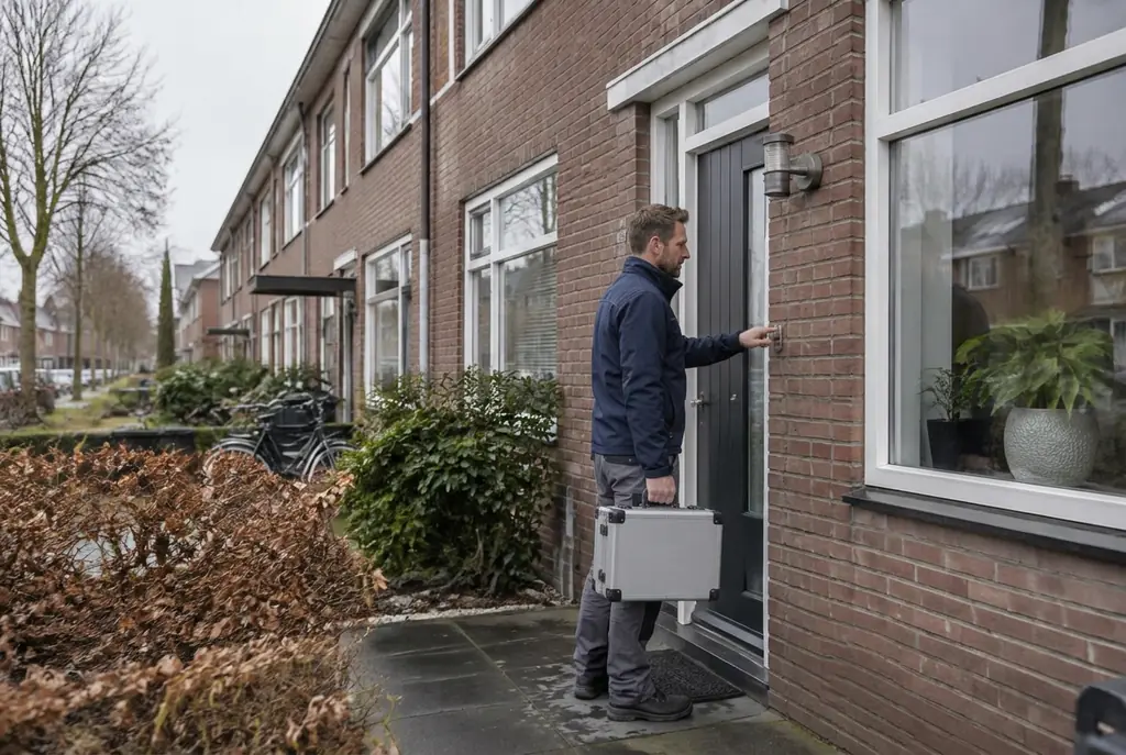 Lekdetectiespecialist met meetkoffer bij de voordeur van een woning in Papendrecht